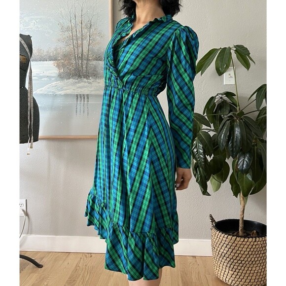 Vintage Taffeta Plaid Puff Sleeve Fit Flare Dress small wrap top blue green - Picture 3 of 8